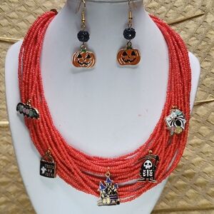 Halloween Charm Red Orange Beaded Necklace and Earring Set